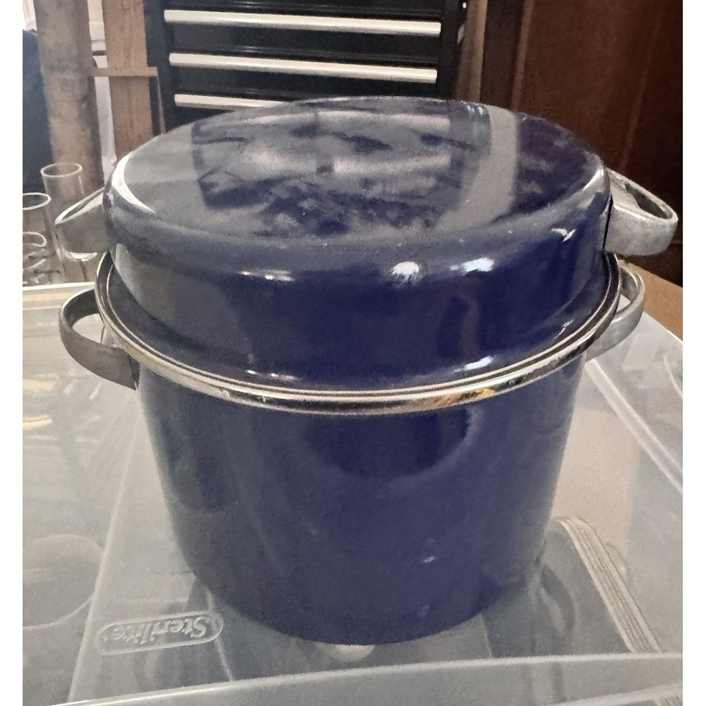 Vintage 5 Qt Enamel Stock Pot Steamer Basket Cobalt Blue Dome Lid